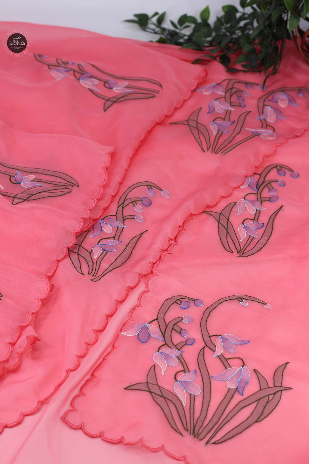 Peach Organza Saree with Floral Hand Embroidery