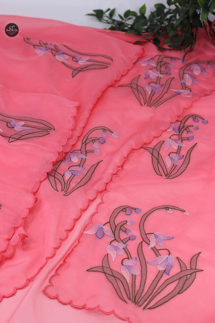 Peach Organza Saree with Floral Hand Embroidery