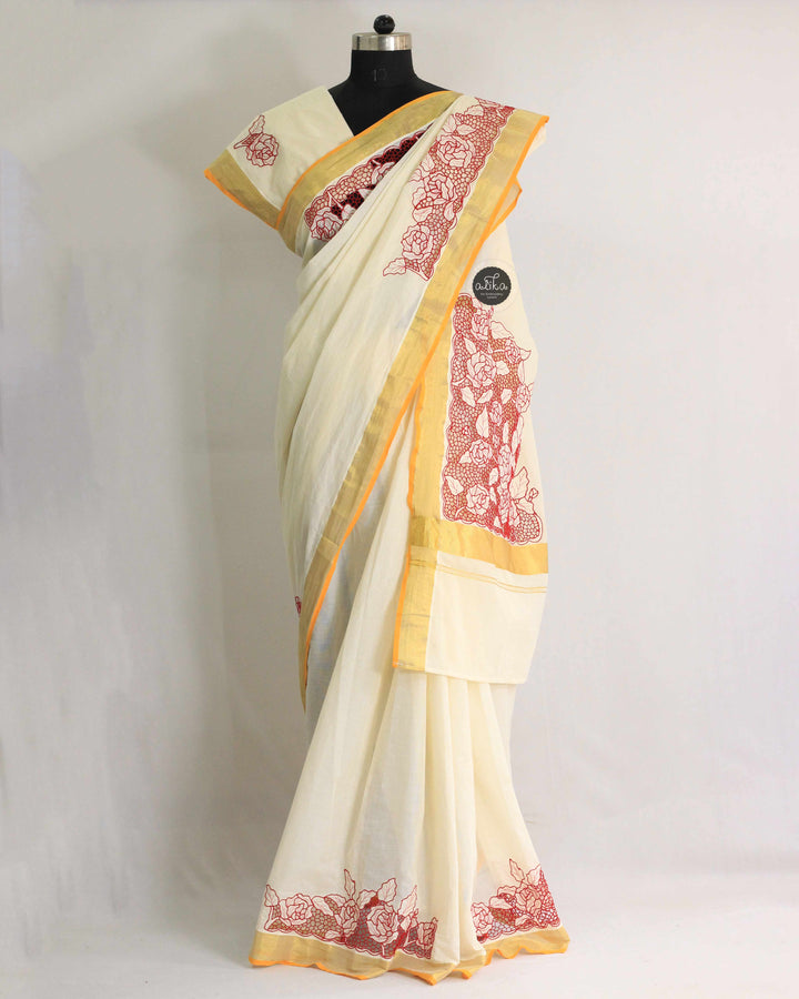 Cream Kerala Saree with Red Border &amp; Floral Twine Cutwork