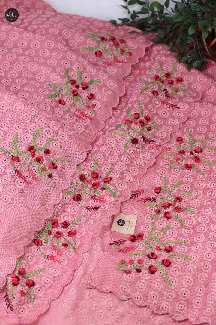 Peach Phulkari Saree with Floral Hand Embroidery