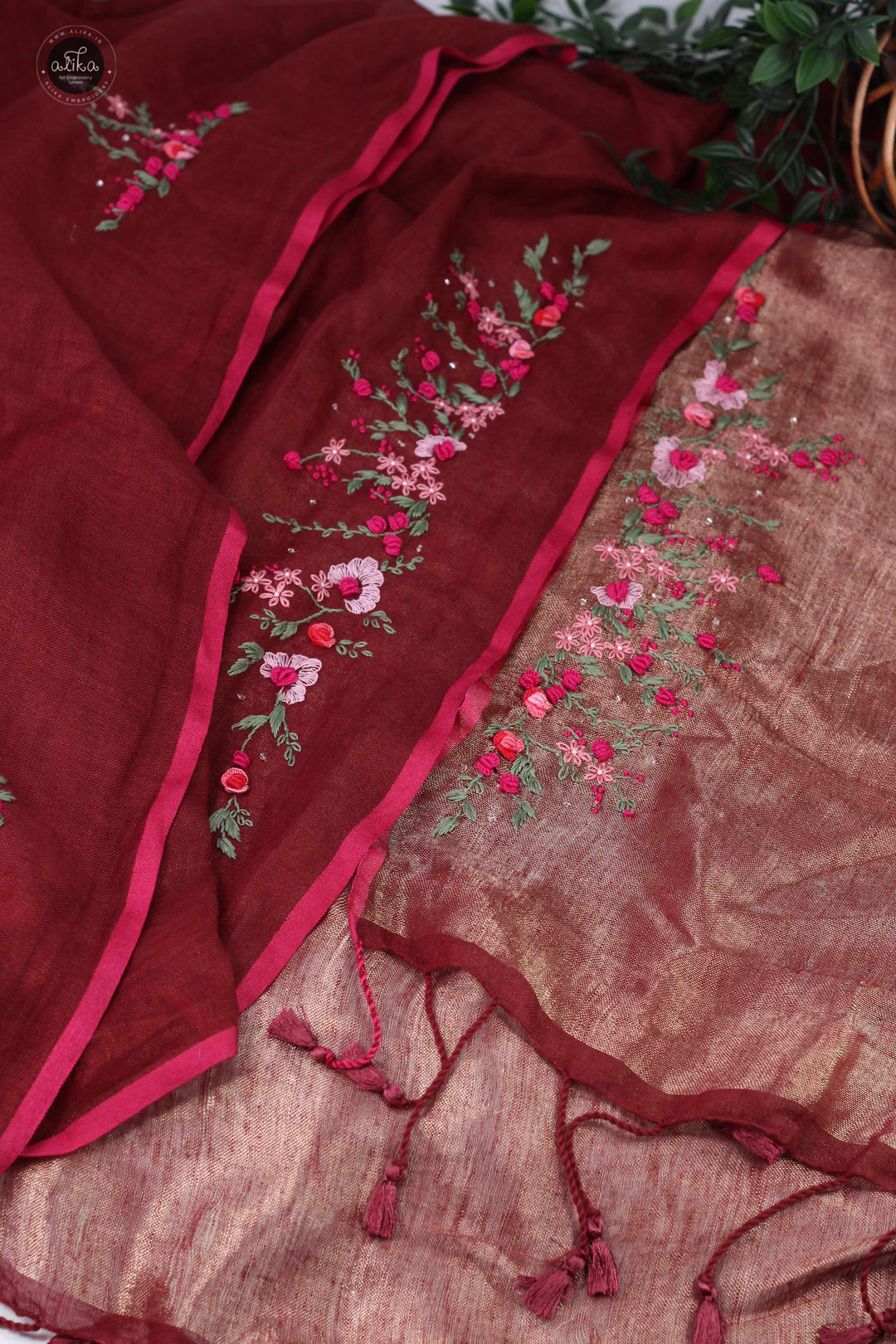 Maroon Pure Linen Saree with Floral Hand Embroidery