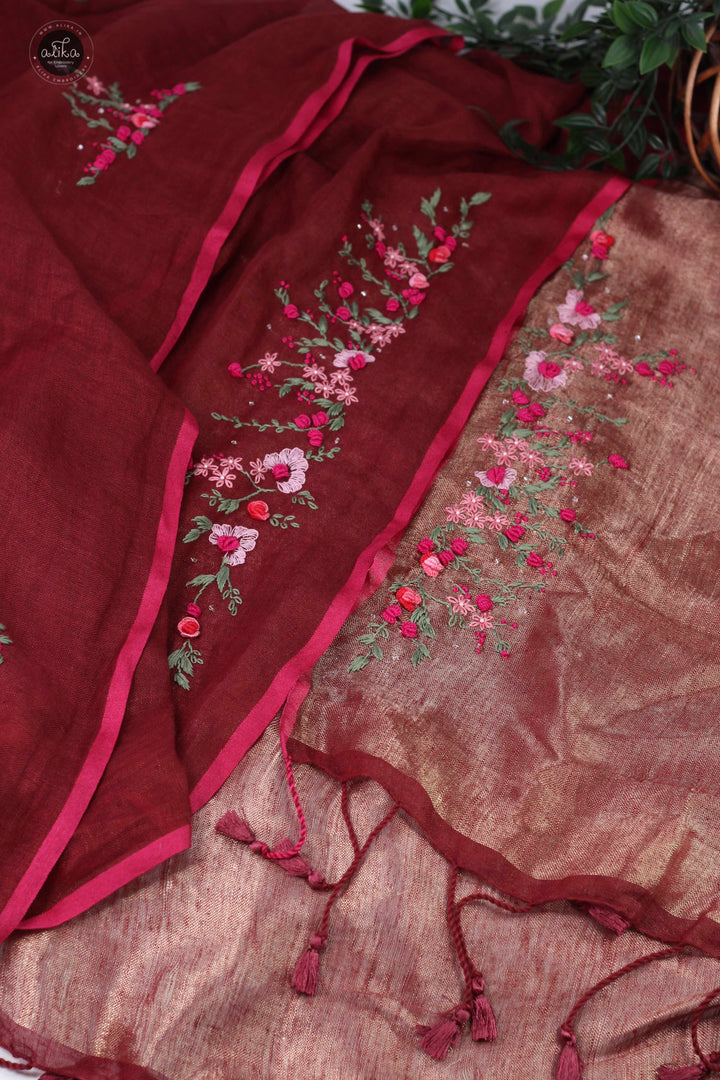 Maroon Pure Linen Saree with Floral Hand Embroidery
