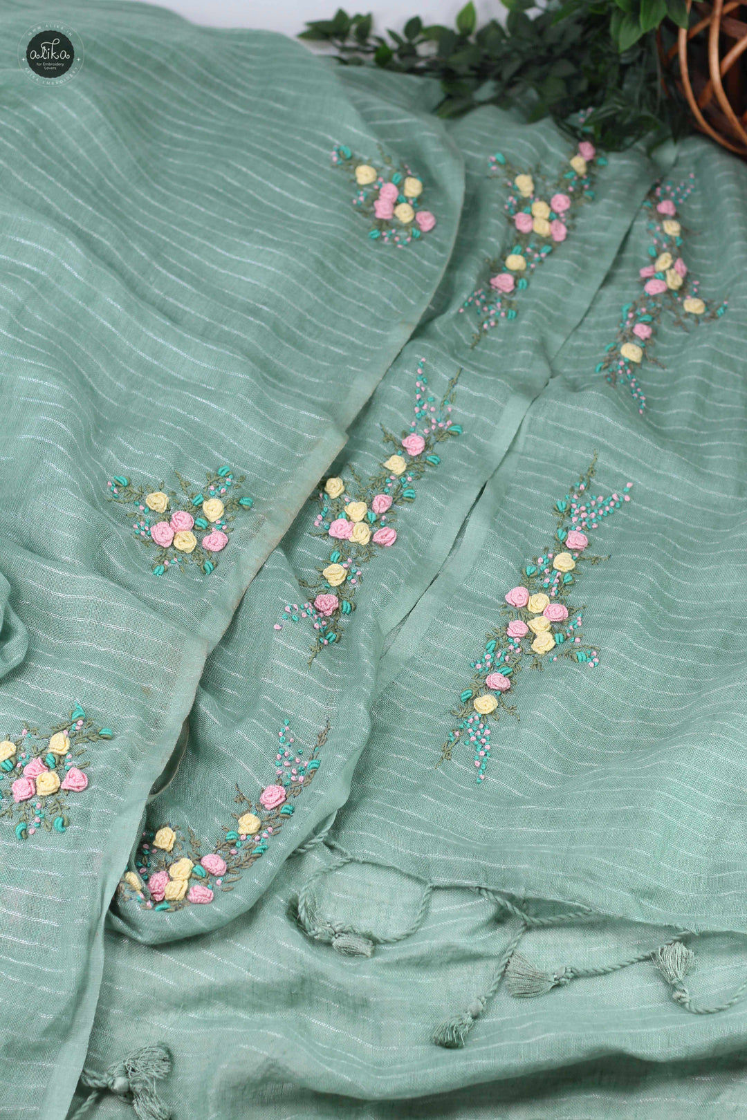 Turquoise Green Pure Linen Saree with Silver Linen Stripes &amp; Floral Hand Embroidery