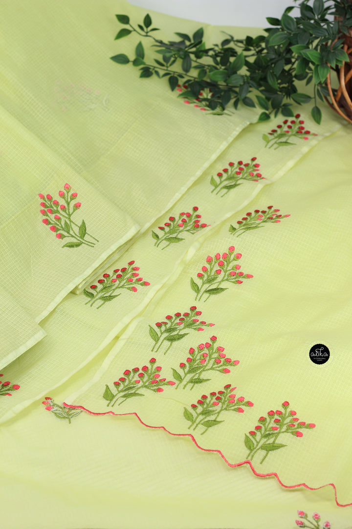 Pista Green Stiff Cotton Saree with Floral Hand Embroidery