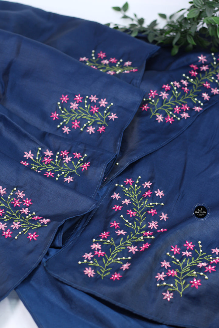 Navy Blue Designer Silk Saree with Floral Hand Embroidery &amp; Bead Work