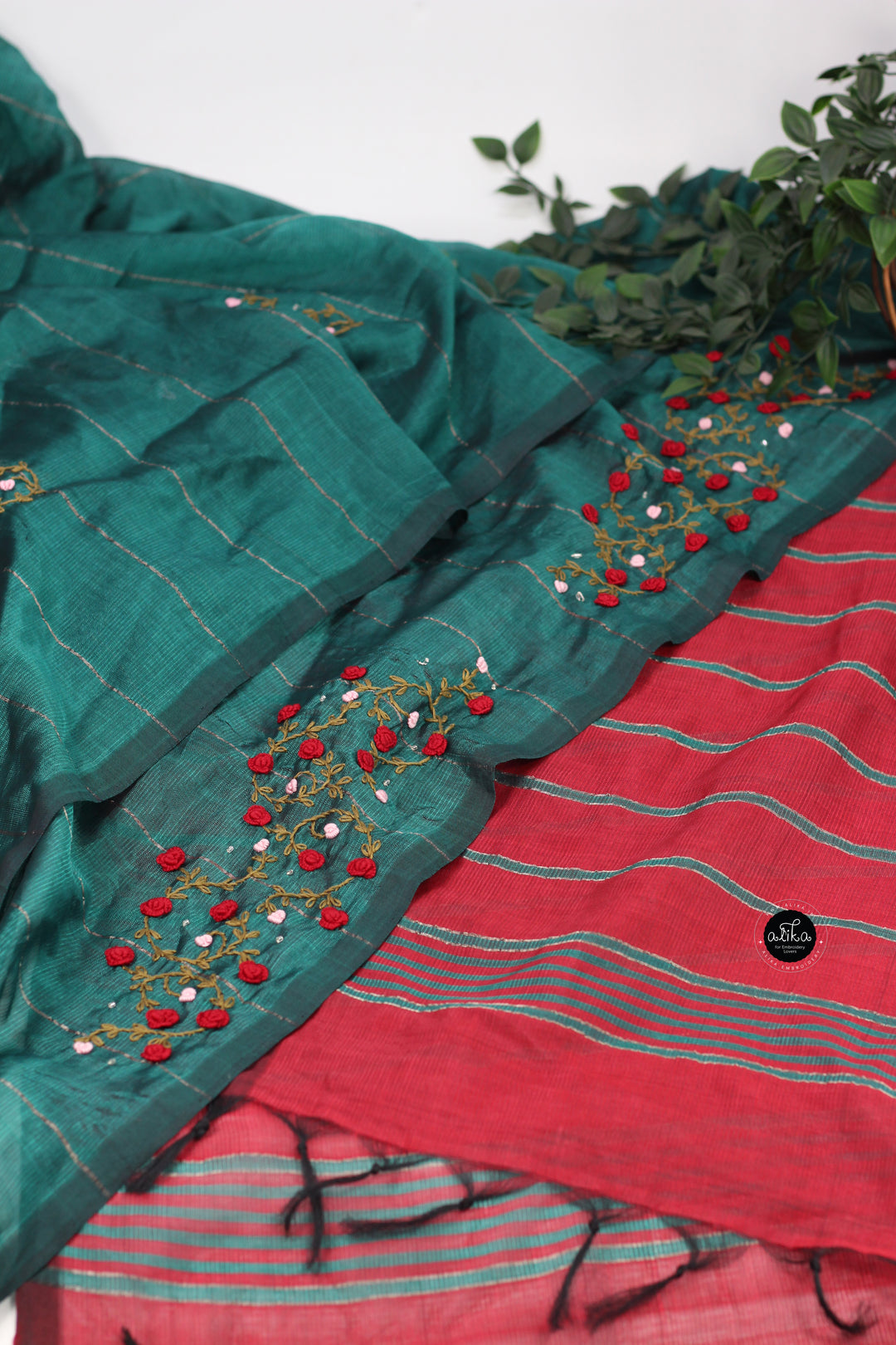 Dark Green &amp; Red Pure MangalGiri Silk Saree with Floral Hand Embroidery &amp; Bead Work