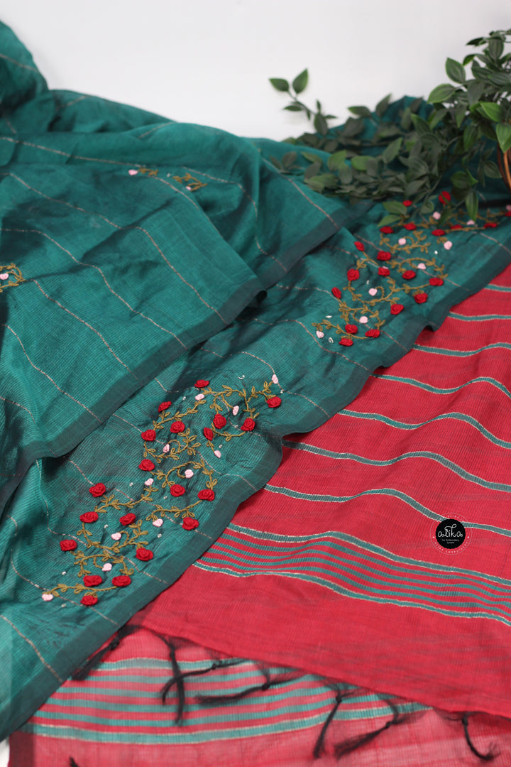Dark Green &amp; Red Pure MangalGiri Silk Saree with Floral Hand Embroidery &amp; Bead Work