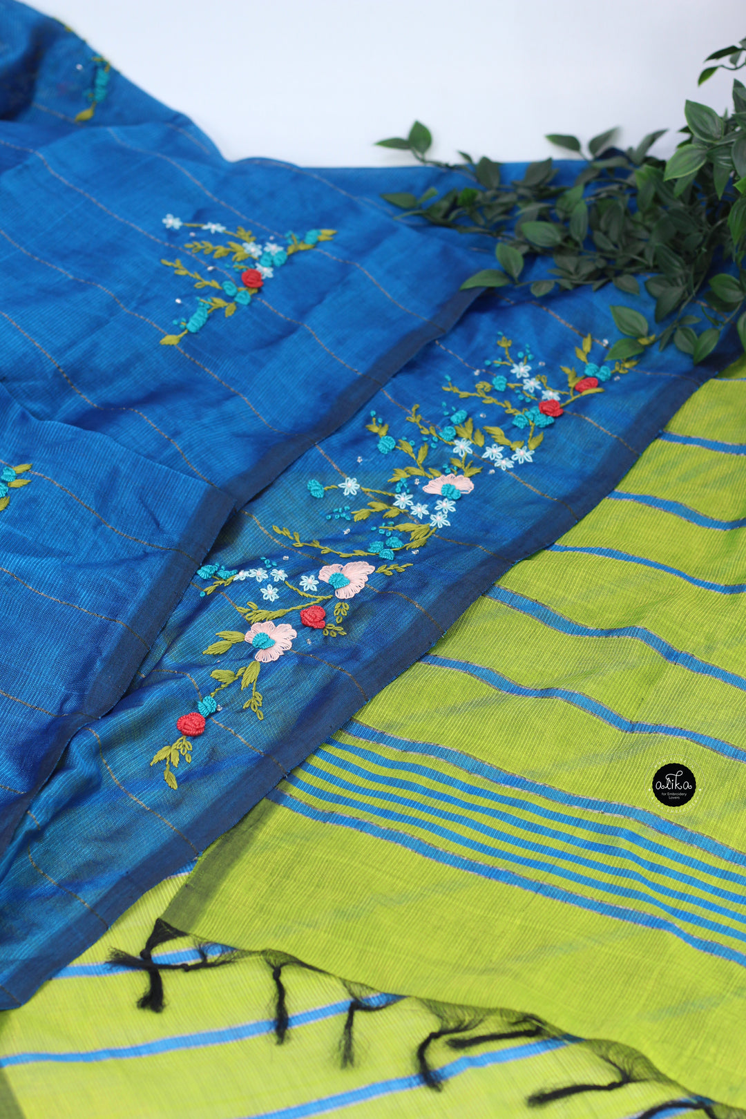 Blue &amp; Lemon Green Pure Mangal Giri Silk Saree with Floral Hand Embroidery &amp; Bead Work