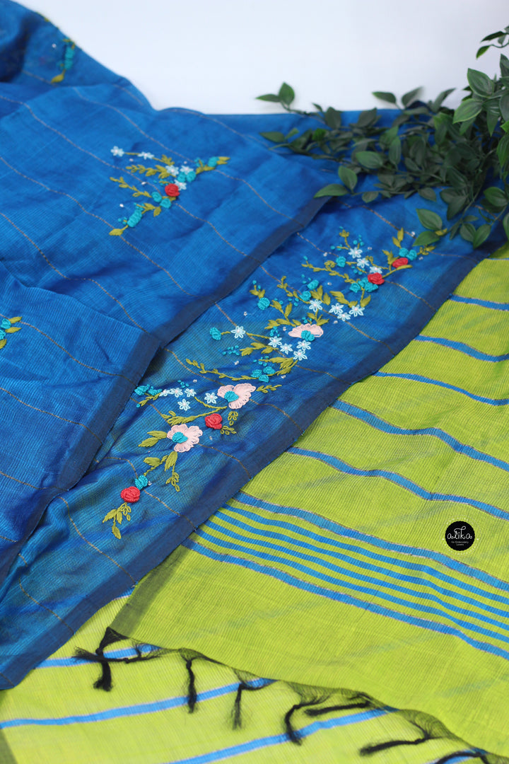 Blue &amp; Lemon Green Pure Mangal Giri Silk Saree with Floral Hand Embroidery &amp; Bead Work