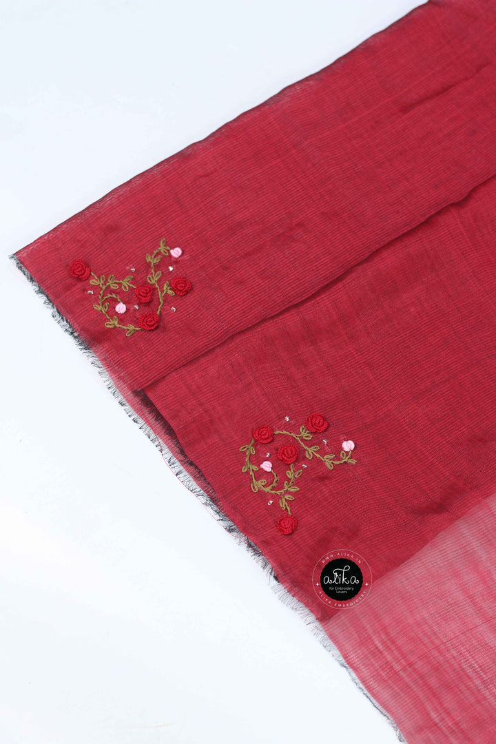 Dark Green &amp; Red Pure MangalGiri Silk Saree with Floral Hand Embroidery &amp; Bead Work