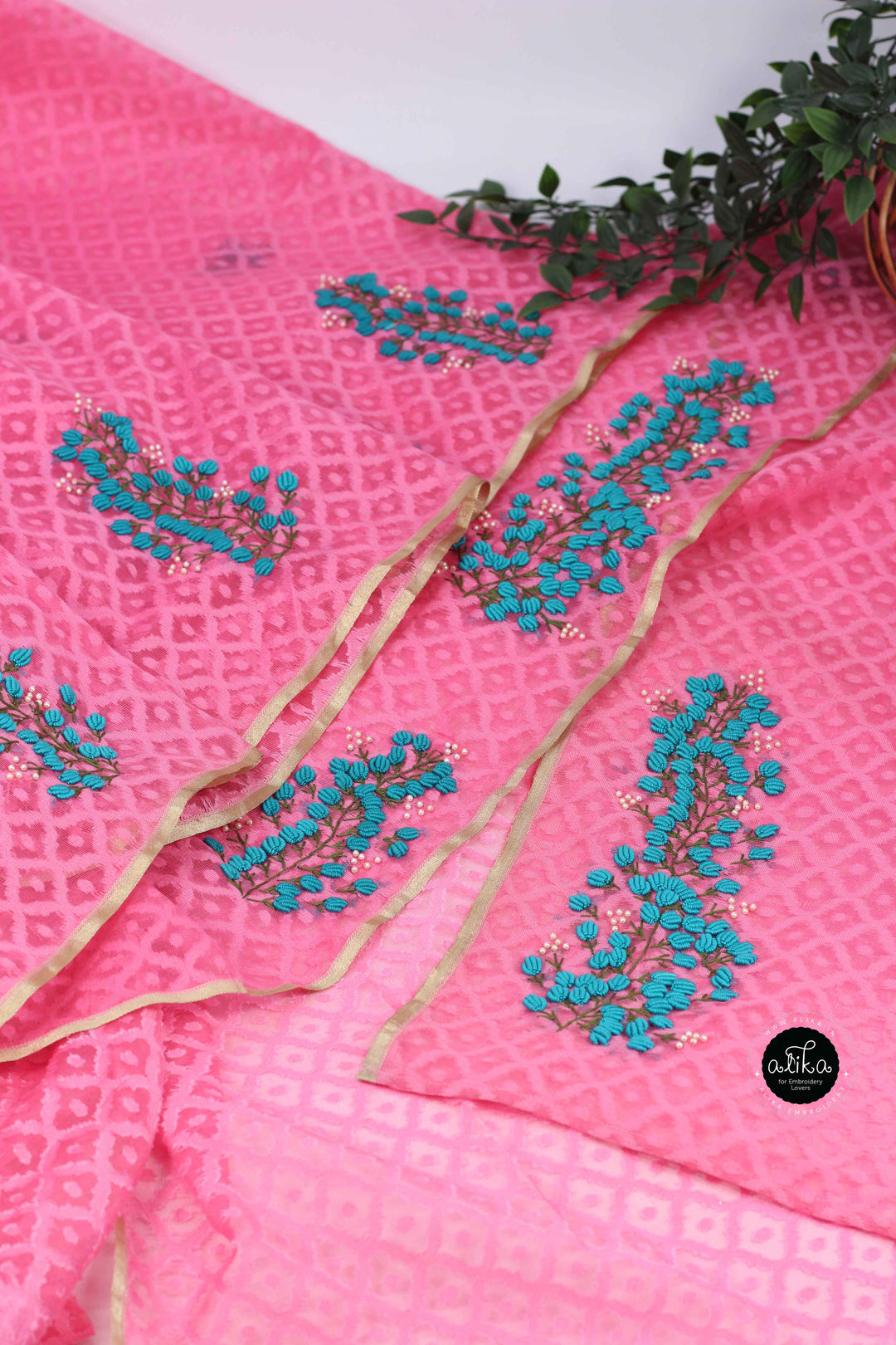 Rose Pink Chanderi Saree with Floral Hand Embroidery