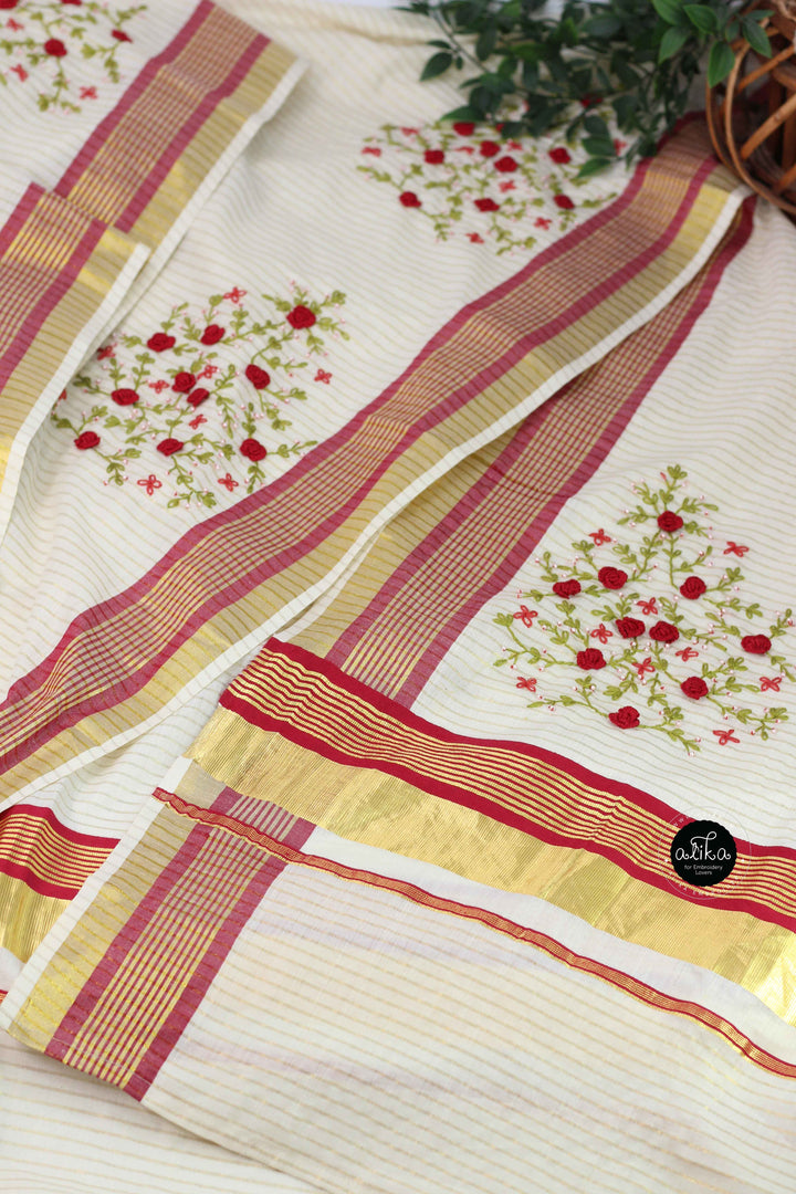 Cream Kerala Kasavu Saree with Red Floral Hand Embroidery &amp; Bead Work