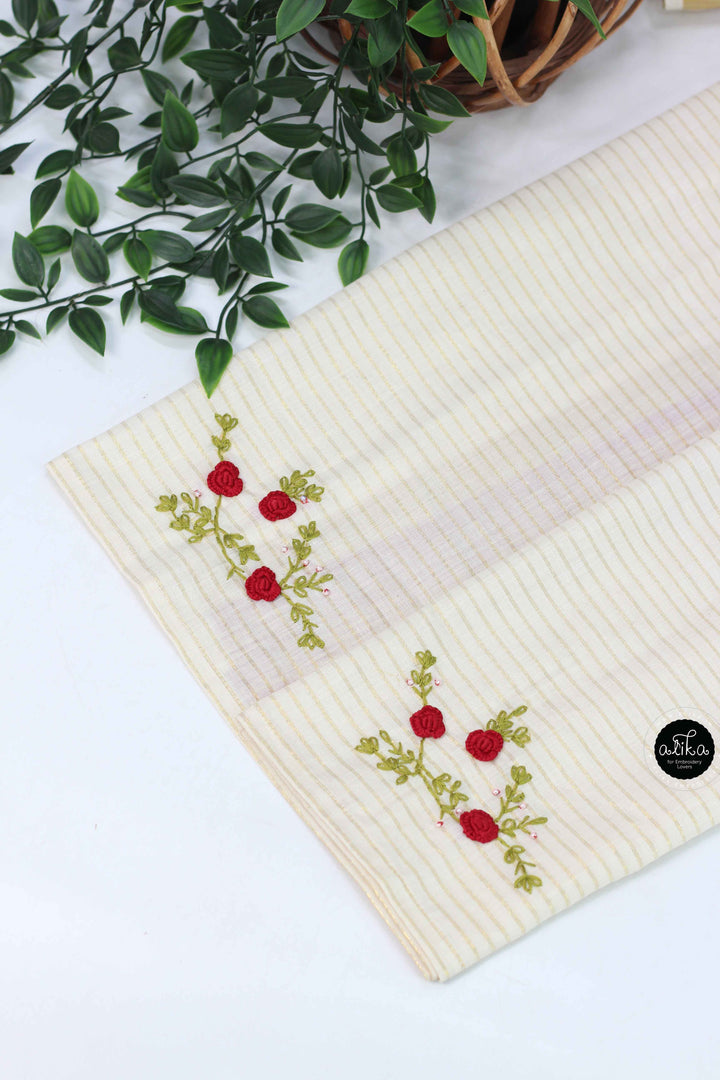 Cream Kerala Kasavu Saree with Red Floral Hand Embroidery &amp; Bead Work