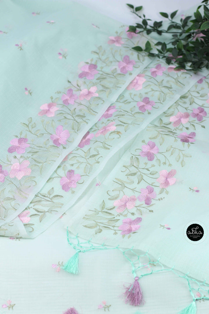Mint Green Silky Kota Saree with Floral Machine Embroidery