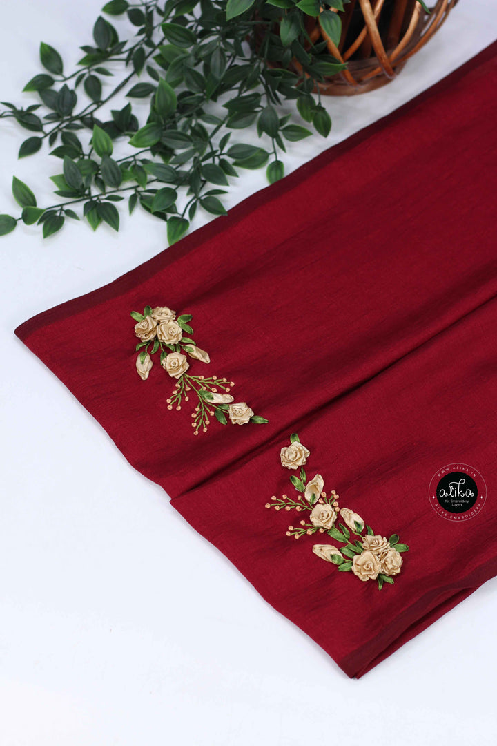 Maroon Designer Silk Saree with Golden Floral Ribbon Work
