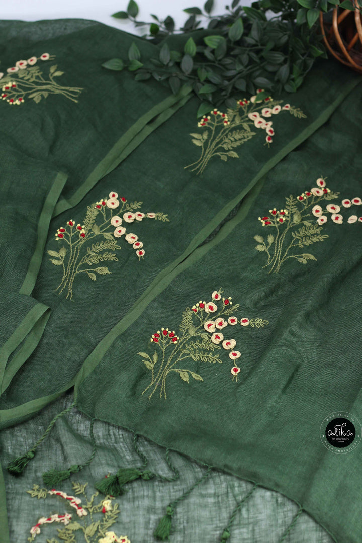 Dark Olive Green Pure Linen Saree with Floral Hand Embroidery
