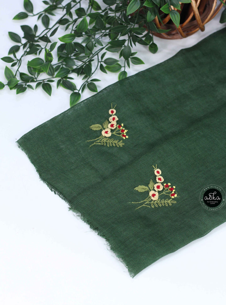 Dark Olive Green Pure Linen Saree with Floral Hand Embroidery
