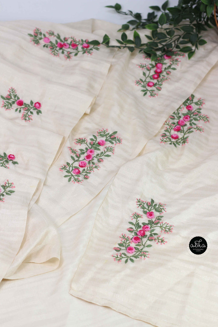 Cream Designer Silk Saree with Floral Hand Embroidery