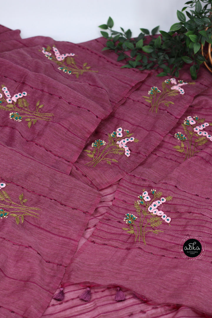 Mauve Purple Bamboo Silk Saree with Floral Hand Embroidery