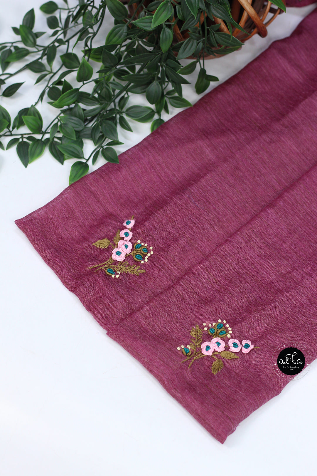 Mauve Purple Bamboo Silk Saree with Floral Hand Embroidery
