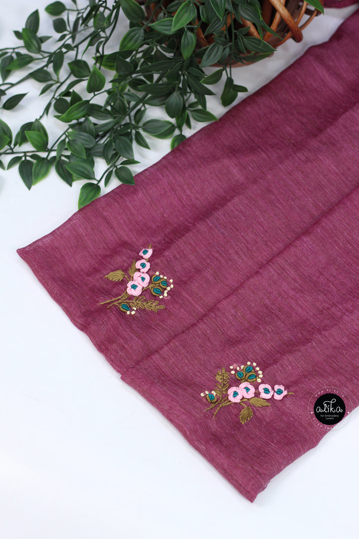 Mauve Purple Bamboo Silk Saree with Floral Hand Embroidery