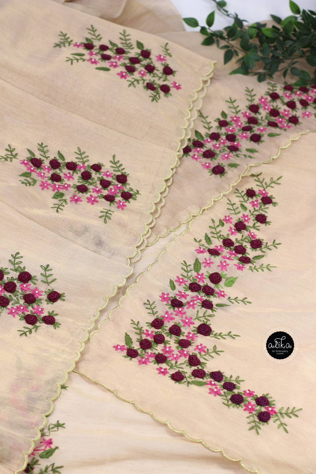 Gold Designer Silk Saree with Floral Hand Embroidery