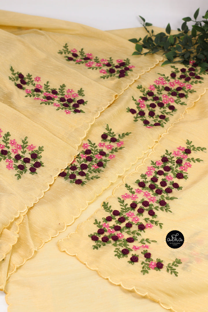 Yellow Designer Silk Saree with Floral Hand Embroidery