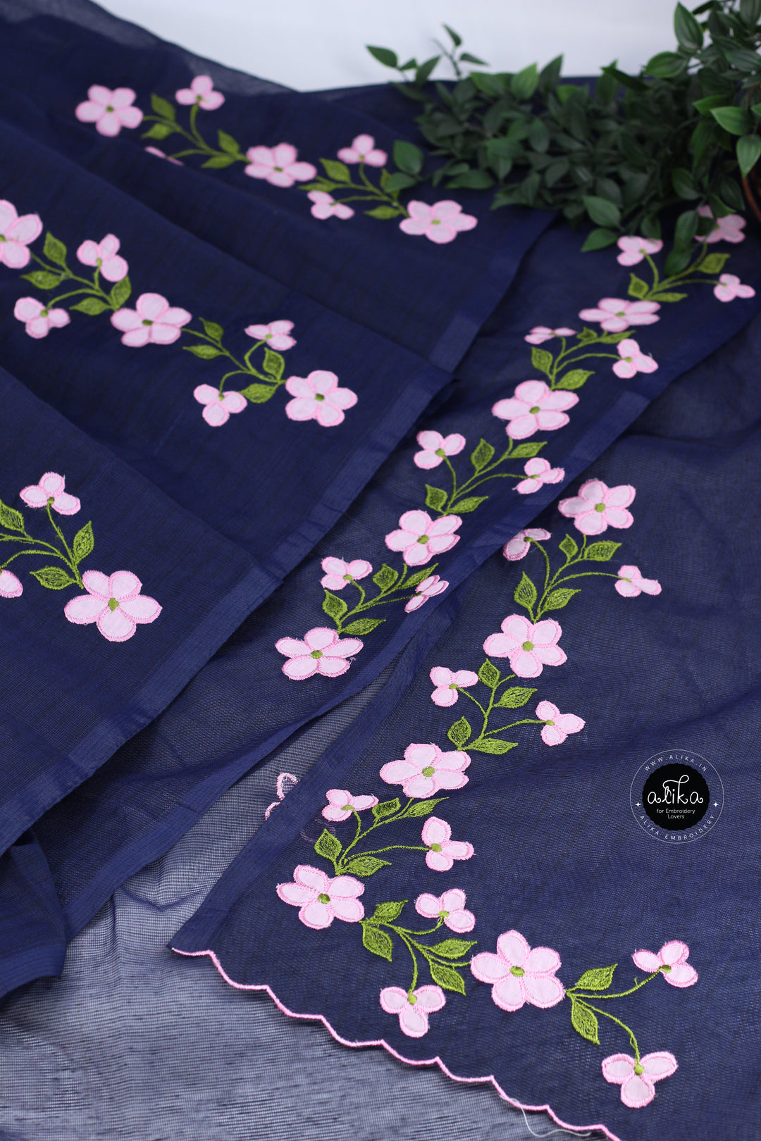 NAVY BLUE KOTA SAREE WITH FLORAL APPLIQUE WORK
