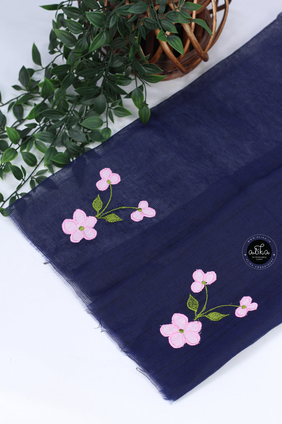 NAVY BLUE KOTA SAREE WITH FLORAL APPLIQUE WORK
