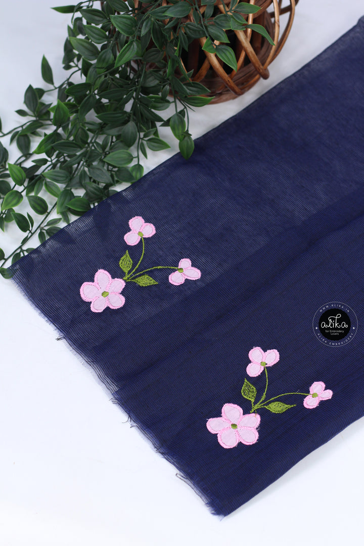 NAVY BLUE KOTA SAREE WITH FLORAL APPLIQUE WORK