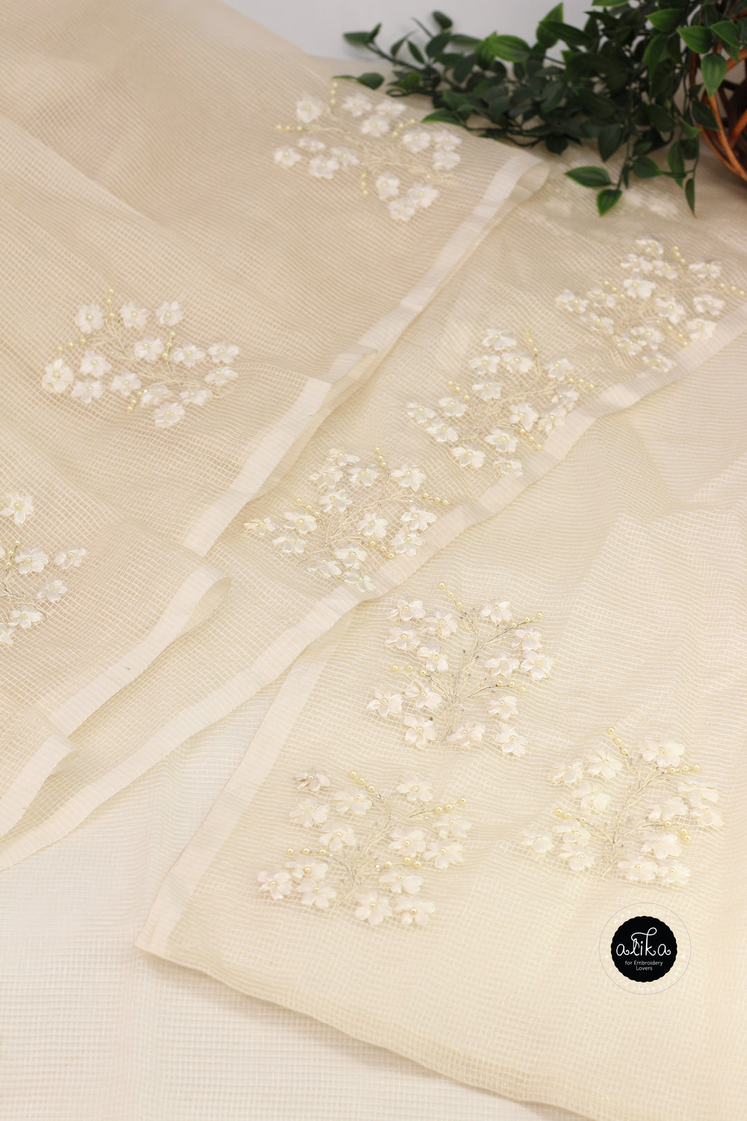 CREAM KOTA SAREE WITH FLORAL RIBBON WORK