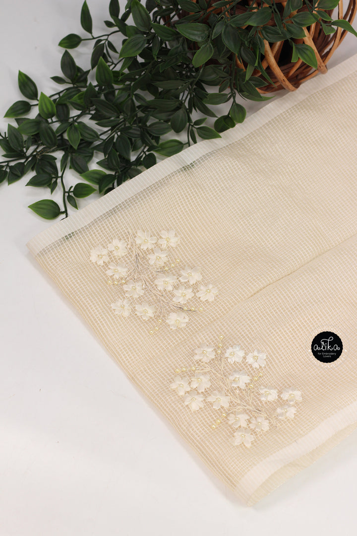 CREAM KOTA SAREE WITH FLORAL RIBBON WORK