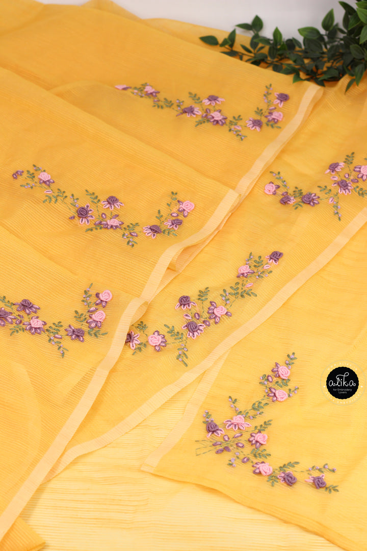 Yellow Kota Saree with Floral Hand Embroidery