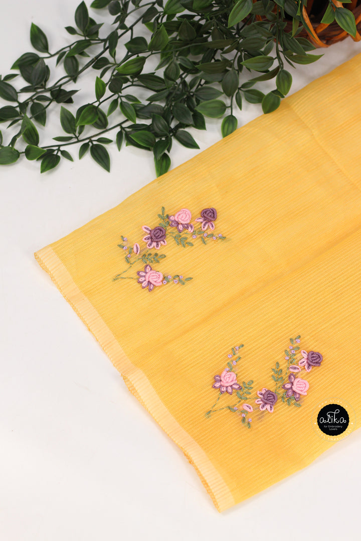 Yellow Kota Saree with Floral Hand Embroidery