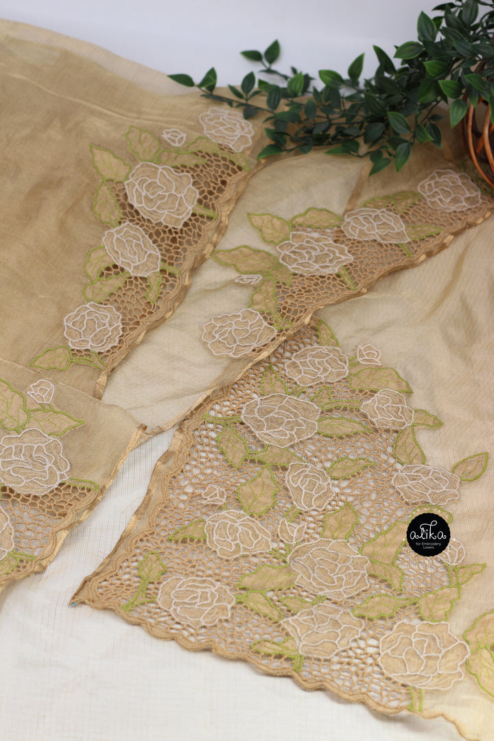 PURE DOUBLE SHADED GOLDEN TISSUE SAREE WITH FLORAL TWINE CUTWORK