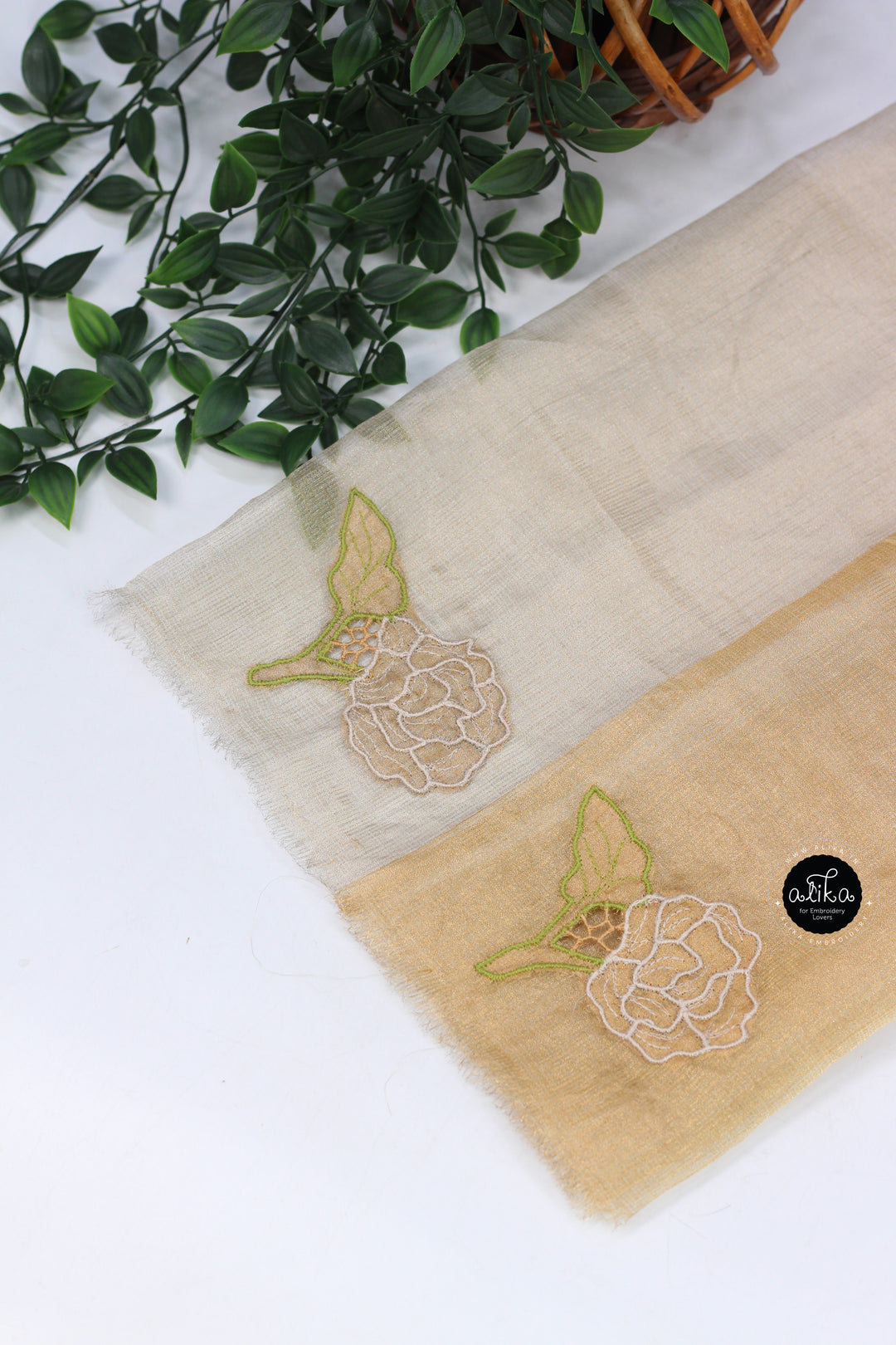 PURE DOUBLE SHADED GOLDEN TISSUE SAREE WITH FLORAL TWINE CUTWORK