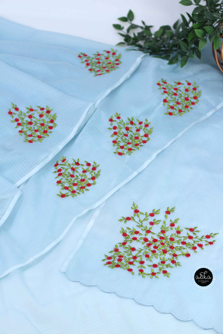 Pastel Blue Cotton Kota Saree with Floral Machine Embroidery