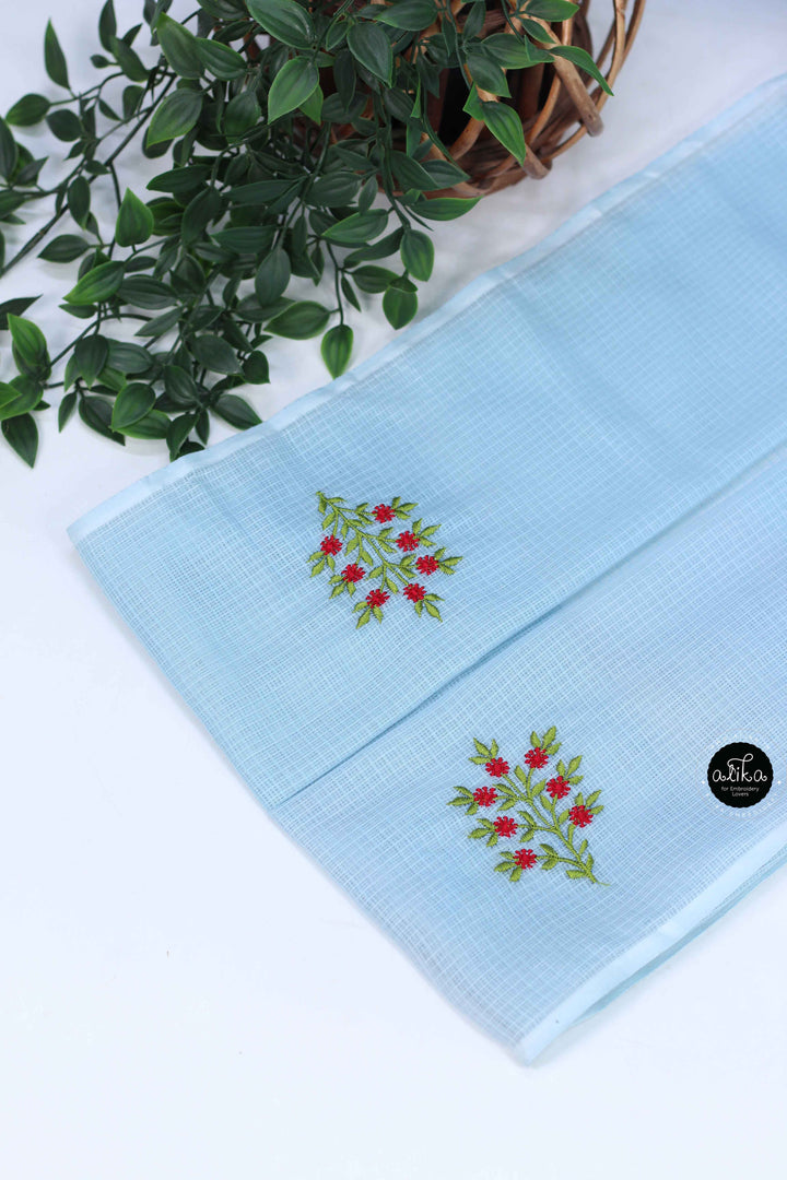 Pastel Blue Cotton Kota Saree with Floral Machine Embroidery