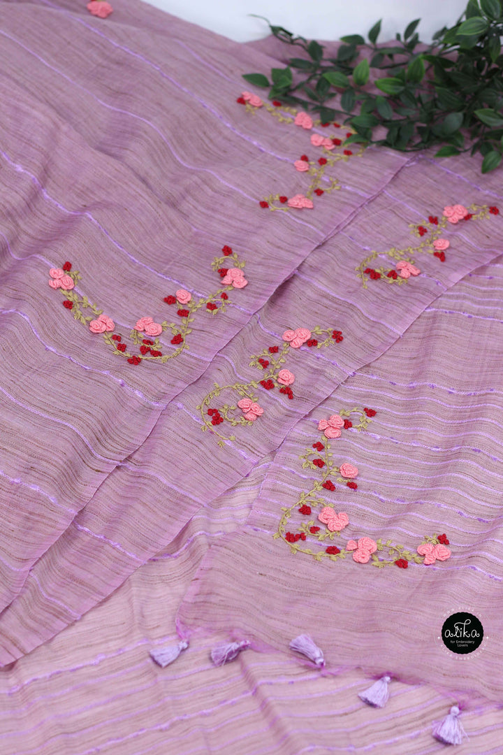 Lavender Bamboo Silk Saree with Floral Hand Embroidery