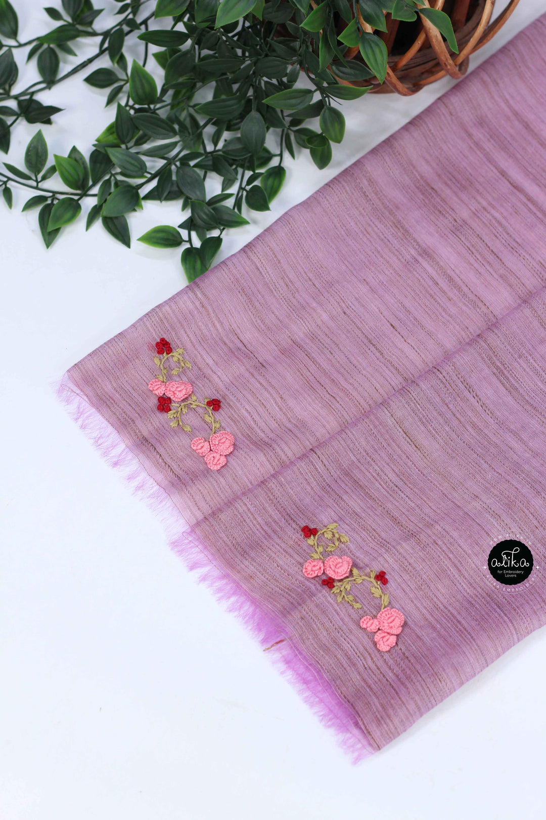 Lavender Bamboo Silk Saree with Floral Hand Embroidery