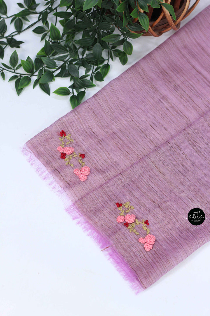 Lavender Bamboo Silk Saree with Floral Hand Embroidery