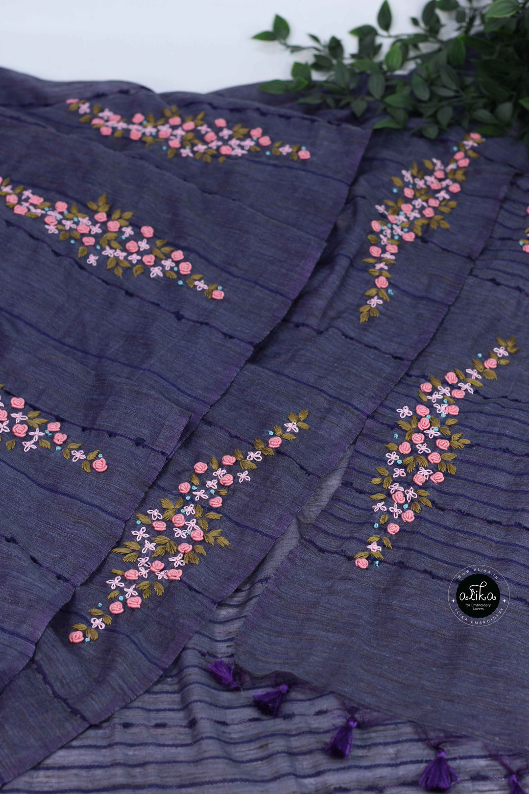 Navy Blue Bamboo Silk Saree with Floral Hand Embroidery