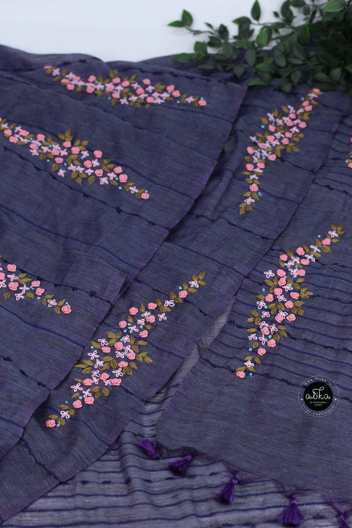 Navy Blue Bamboo Silk Saree with Floral Hand Embroidery