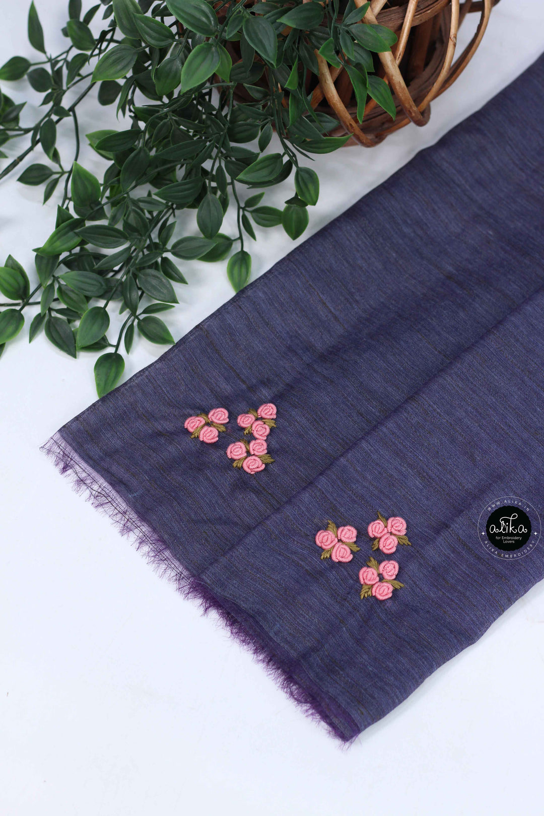 Navy Blue Bamboo Silk Saree with Floral Hand Embroidery