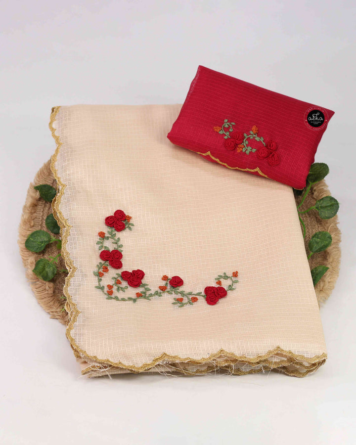 Beige Silky Kota Saree with Floral Hand Embroidery &amp; Golden Scalloped Border