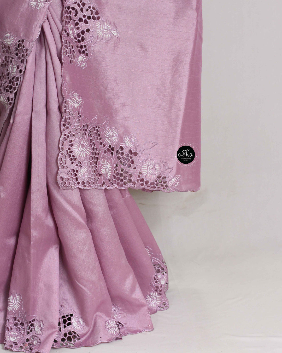 Lavender Designer Silk Saree with Floral Cutwork