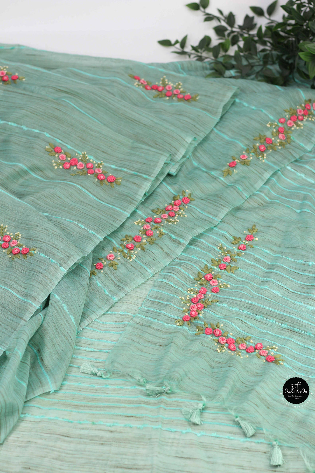 Sea Green Bamboo Silk Saree with Floral Hand Embroidery