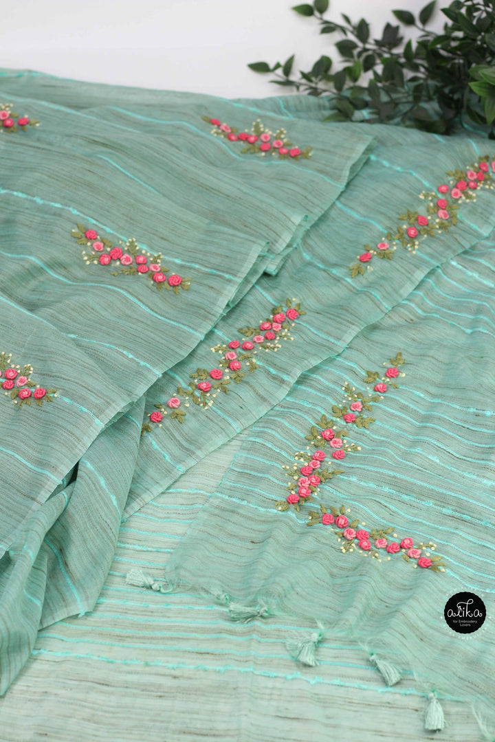 Sea Green Bamboo Silk Saree with Floral Hand Embroidery