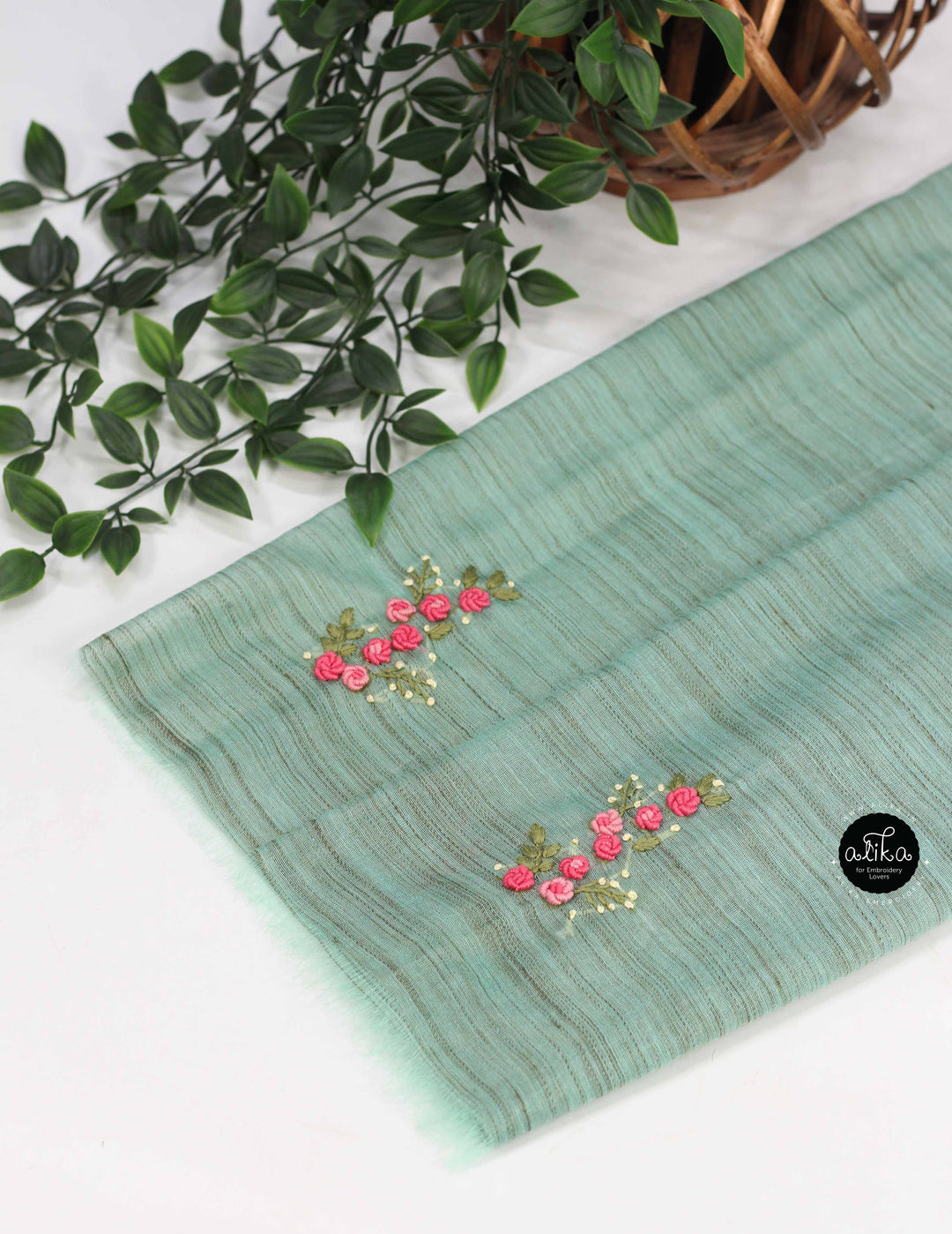Sea Green Bamboo Silk Saree with Floral Hand Embroidery