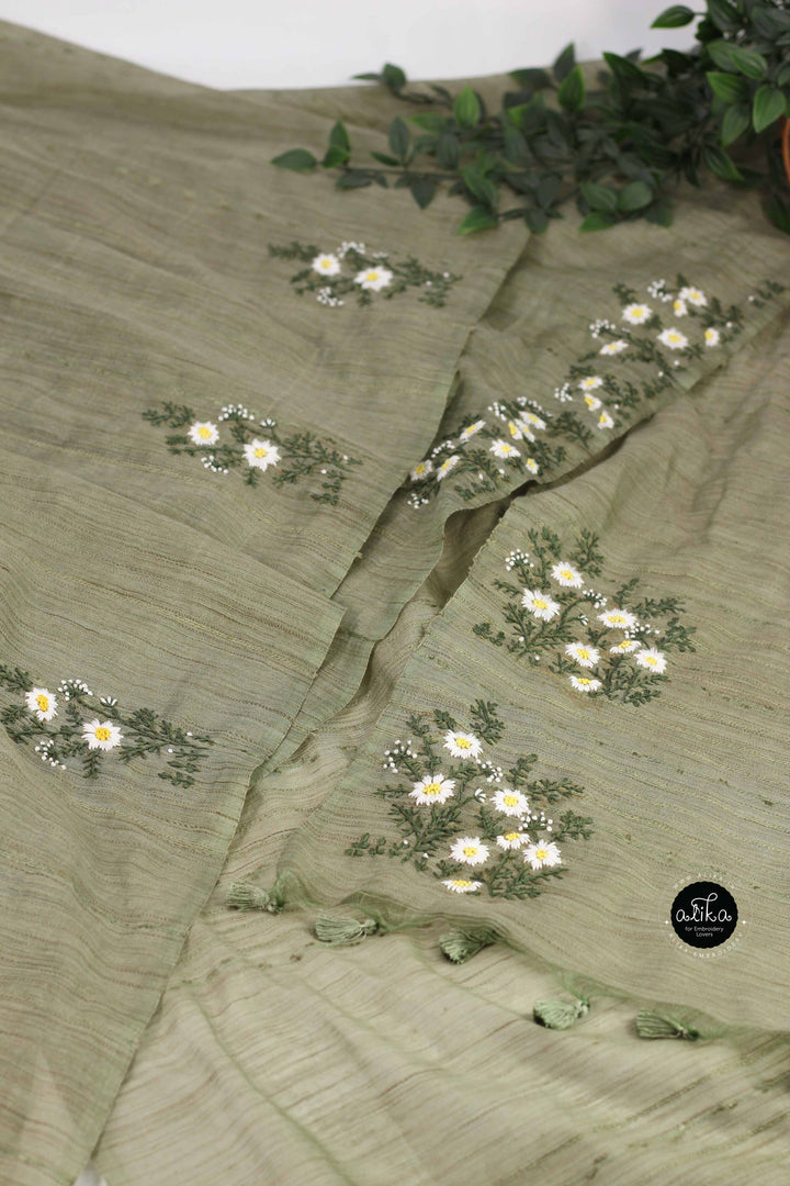 Olive Green Bamboo Silk Saree with Floral Hand Embroidery